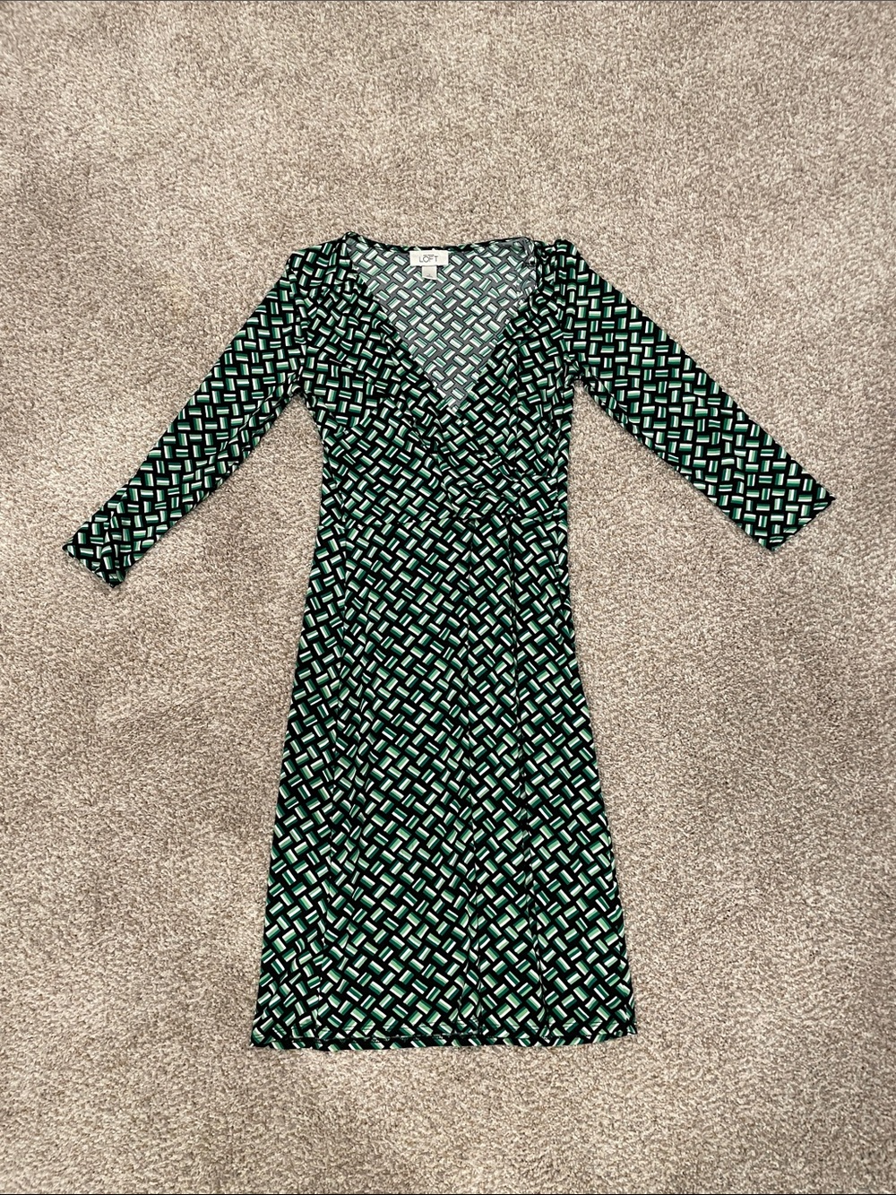 LOFT Green and Black Geometric Wrap-Style Long Sleeve Dress